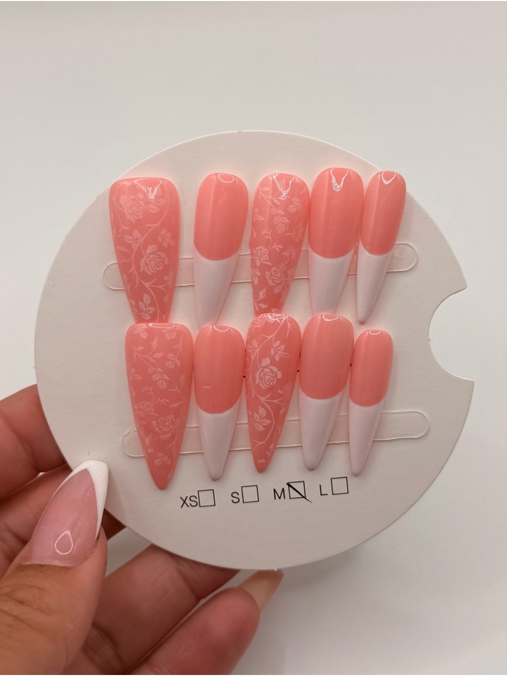 Pink Floral French Tip Press-On Nail Set - Women Accessories